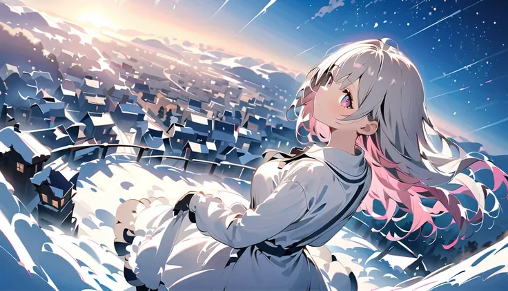 ベンチに座って looks up at the 空、 back view、満点の starry sky 、 backlit、Snow trails 、 Profile gazing into the distance 、  満点の starry sky 、 fisheye lens、 snowy winter cityscape 、 . starry sky    を    looks up at the   . backlit、 Rear View 、   rear view、Backwards、    ...