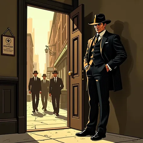 Masterpiece, a cartoon, distant view, sepia image of a charismatic mafia boss in a pinstripe suit and tilted fedora leaning against the entrance of a secret speakeasy, surrounded by a few loyal members, with Brooklyn’s bustling street life in the backgroun...