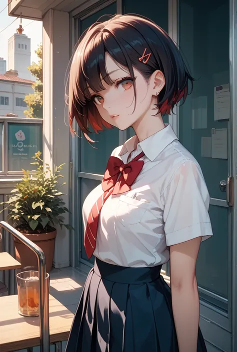 Short haired girl with dark red eyes tall slim in school uniform pale skin 