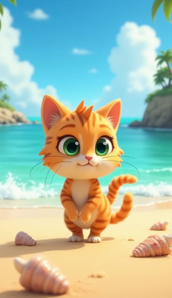 Setting: A calm seaside village with golden sands, turquoise waves, and a bright blue sky.
Character 1: Meow, a curious and adventurous tabby cat, strolling on the beach. She has expressive green eyes, soft orange fur, and a playful tail.
Action: Meow play...