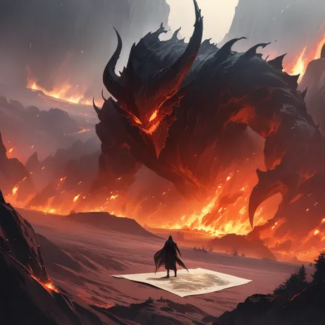 search poster  ,  simple sketch on parchment  ,  dark color painting ,  detailed facial features ,  sci-fi landscape, movie poster ,  cinematic  ,  masterpiece fails,  dark sorcerer on a hill , fire and terror , huge lava demon, battle


 