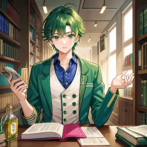 A green-haired male student majoring in pharmacy is buried in countless books and is passionate about reading