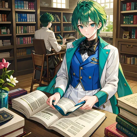 A green-haired male student majoring in pharmacy is buried in countless books and is passionate about reading