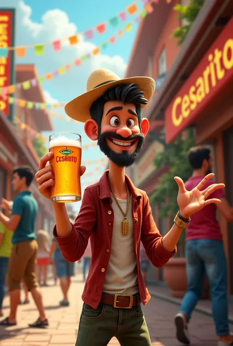 Generate a character named Cesarito promoting a place with the same name with a beer in his hand