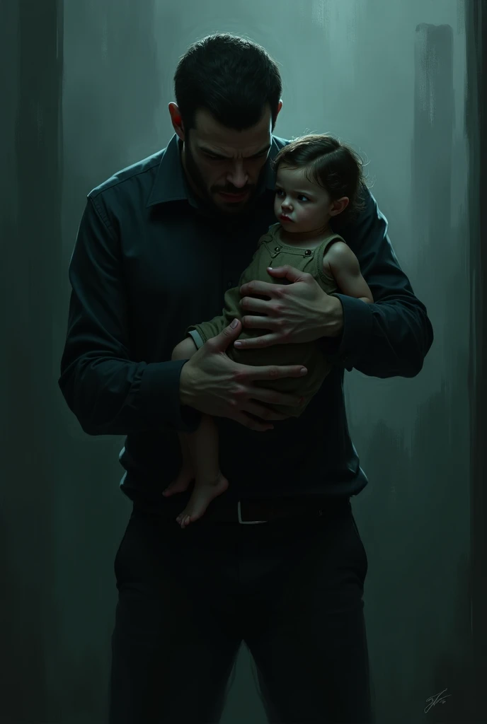 A scary father holding his cute daughter