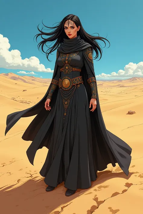 Create me a picture in the 90s anime style of a Bene Gesserit ,  who is in the desert and has corresponding ritual facial tattoos 