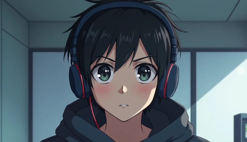 Make a realistic image of a young man with a headset in an anime style 