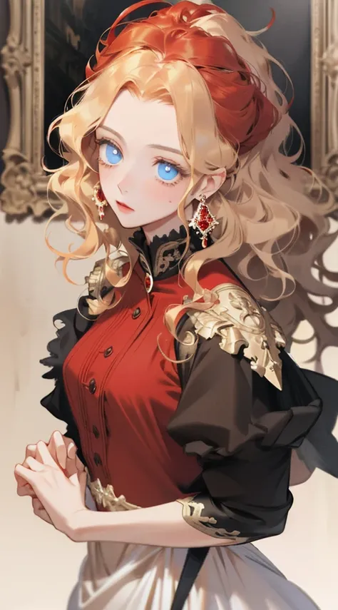 one-girl， Vivid eyes ，golden hair，Wavy curly hair，Red pop dress，conservativelydressed，Red earrings，beautiful hair ornaments，𝓡𝓸𝓶𝓪𝓷𝓽𝓲𝓬，ellegance，young，Pop，Hyper-Resolution，accuracy，detail render，（Delicate facial portrayal）（Fine hair portrayal）（highest  quali...