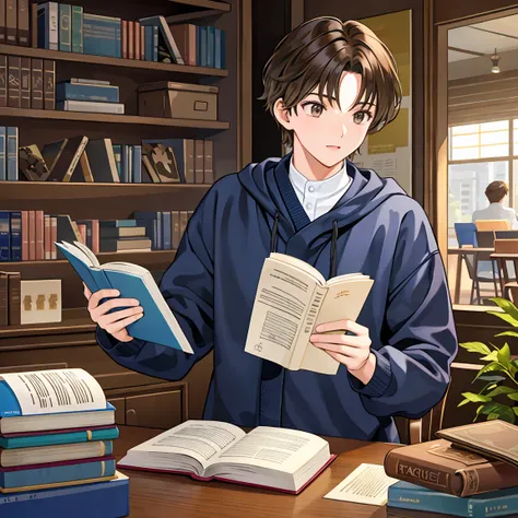 A brown-haired male student majoring in architecture is buried in countless books and is passionate about reading