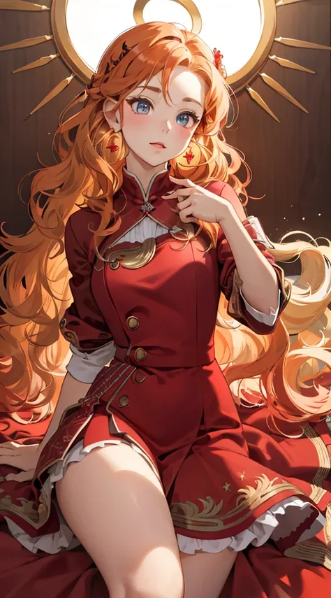 one-girl， Vivid eyes ，golden hair，Wavy curly hair，Red pop dress，conservativelydressed，Red earrings，beautiful hair ornaments，𝓡𝓸𝓶𝓪𝓷𝓽𝓲𝓬，ellegance，young，Pop，Hyper-Resolution，accuracy，detail render，（Delicate facial portrayal）（Fine hair portrayal）（highest  quali...