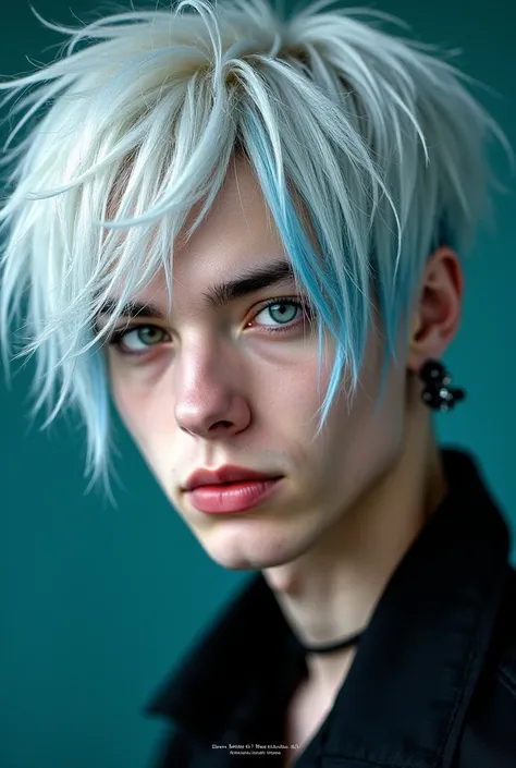  Boy long hair cut in layers and messy
White hair with light blue highlights
Intimidating and Heterochromic Eyes (light blue and light green ) 
 Handsome
Lip and ear piercing 