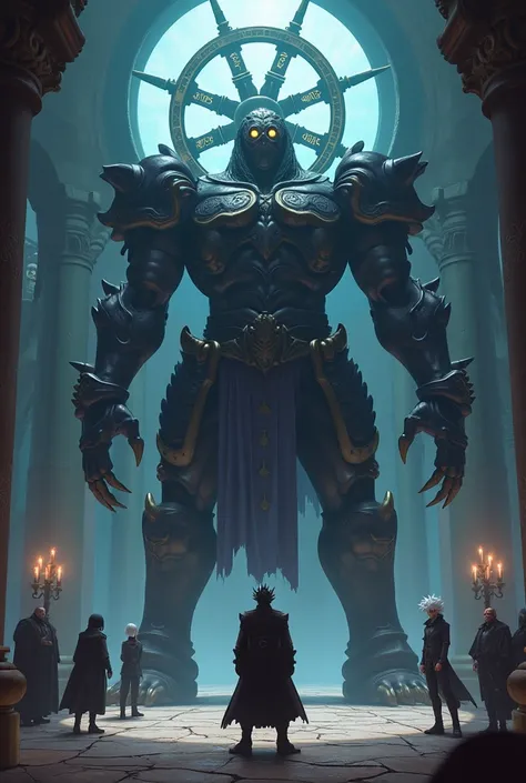 A grandiose and detailed depiction of Mahoraga, the Divine General of the Wheel of Six, standing in the grand hall of Nazarick from Overlord. Mahoraga appears as a colossal, armored figure with a dark, menacing aura, featuring glowing eyes and a massive, s...