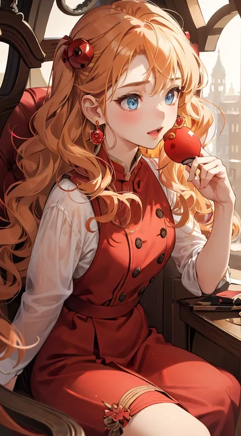 one-girl， Vivid eyes ，golden hair，Wavy curly hair，Red pop dress，conservativelydressed，Red earrings，beautiful hair ornaments，𝓡𝓸𝓶𝓪𝓷𝓽𝓲𝓬，ellegance，young，Pop，Hyper-Resolution，accuracy，detail render，（Delicate facial portrayal）（Fine hair portrayal）（highest  quali...