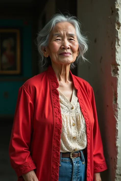 Old Vietnamese womens red collared bib combined with lace blouse and jeans