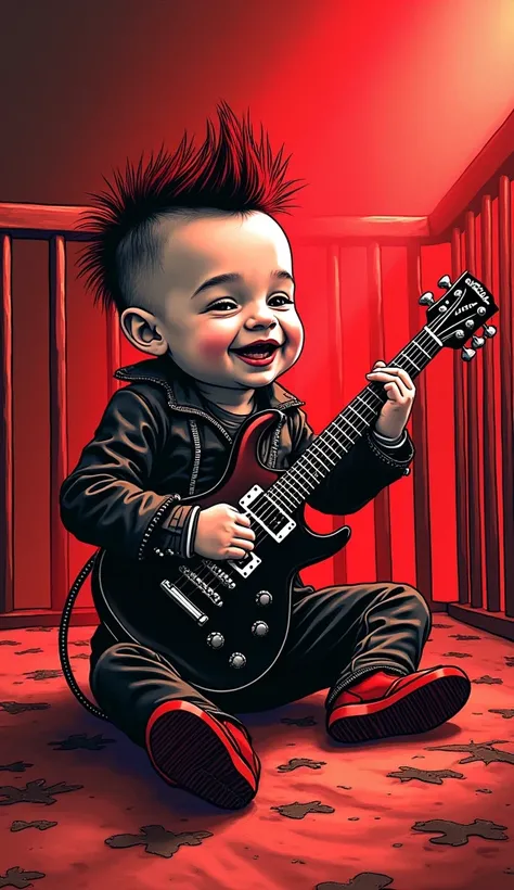 Hyperrealistic illustration in red and black ink of a funny punk baby, punk haircut, punk outfit, playing electric guitar very happily in a crib. Sarcastic image, super resolution, super quality, volumetric lights.
