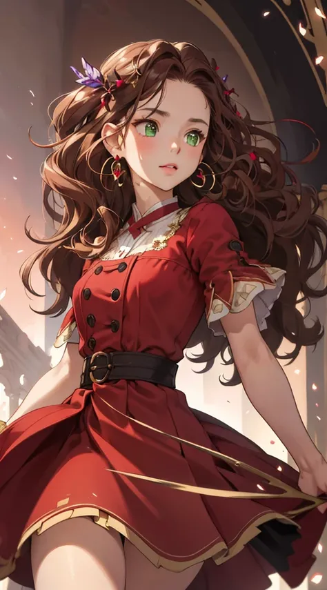 one-girl， Vivid green eyes ，Brown hair，Wavy curly hair，Red pop dress，conservativelydressed，purple earrings，beautiful hair ornaments，𝓡𝓸𝓶𝓪𝓷𝓽𝓲𝓬，ellegance，young，Pop，Hyper-Resolution，accuracy，detail render，（Delicate facial portrayal）（Fine hair portrayal）（highes...