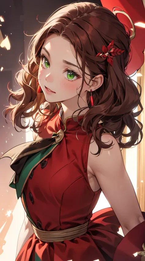 one-girl， Vivid green eyes ，Brown hair，Wavy curly hair，Red pop dress，conservativelydressed，purple earrings，beautiful hair ornaments，𝓡𝓸𝓶𝓪𝓷𝓽𝓲𝓬，ellegance，young，Pop，Hyper-Resolution，accuracy，detail render，（Delicate facial portrayal）（Fine hair portrayal）（highes...