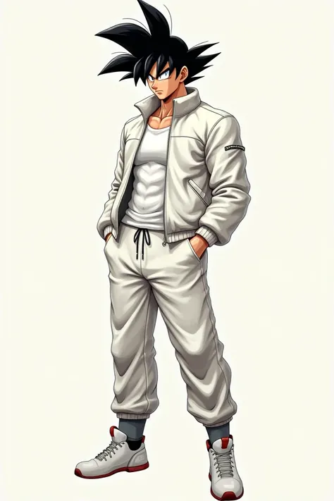 Goku with black hair,white leather dressed in casual sportswear