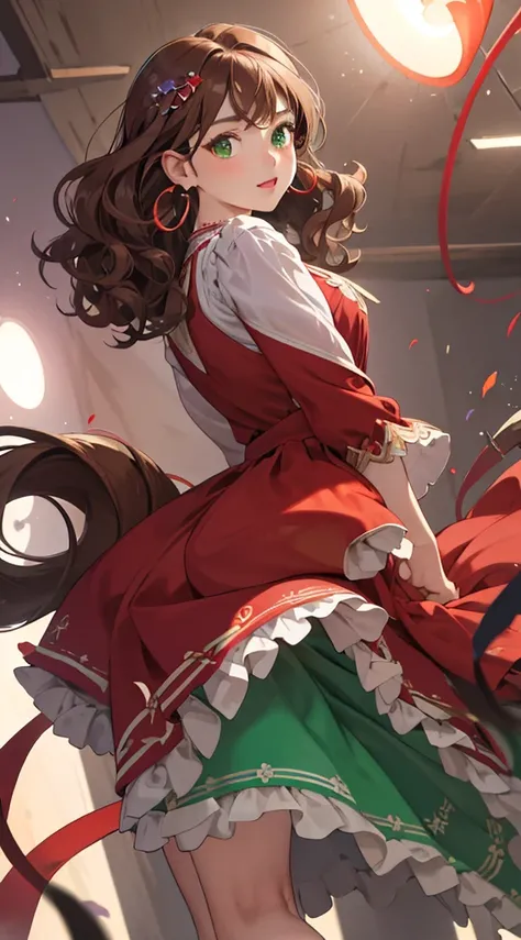 one-girl， Vivid green eyes ，Brown hair，Wavy curly hair，Red pop dress，conservativelydressed，purple earrings，beautiful hair ornaments，𝓡𝓸𝓶𝓪𝓷𝓽𝓲𝓬，ellegance，young，Pop，Hyper-Resolution，accuracy，detail render，（Delicate facial portrayal）（Fine hair portrayal）（highes...