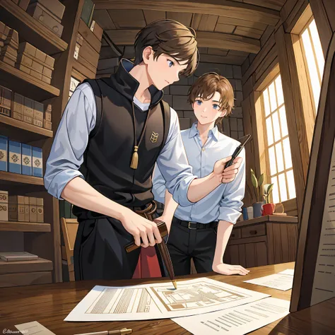 A brown-haired male student majoring in architecture looks at a drawing in a medieval woodworking shop