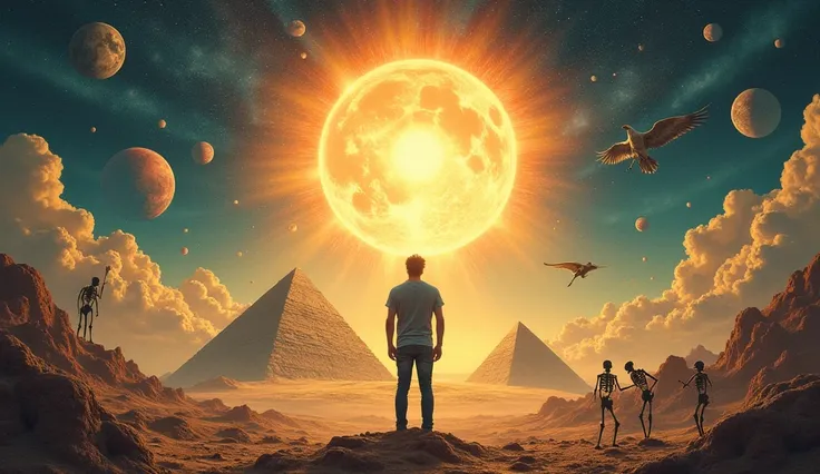 A surreal landscape featuring a man with standing in awe under a radiant sunburst. The background showcases distant planets, pyramids, and mystical elements like skeletal figures and a soaring bird. The scene conveys a sense of cosmic adventure and enlight...