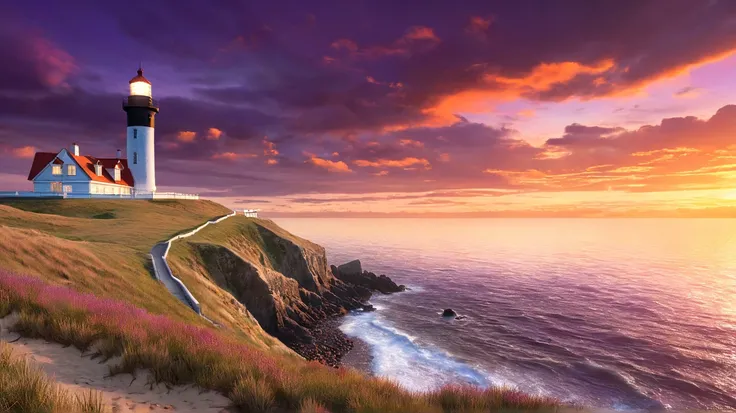 Image is a digital illustration with a landscape orientation, featuring a serene coastal scene at sunset. On the left side, a tall lighthouse with a glowing light at the top stands on a rocky cliff, surrounded by dark, dramatic clouds tinged with purple an...