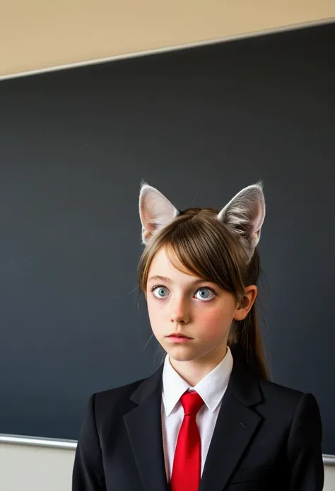 A cat eared girl (age 14, professional bearing, business suit, business hairdo, oversized eyes, struggling to remain calm), she is at a business meeting trying to give a presentation but someone is shining a red dot on the wall.
