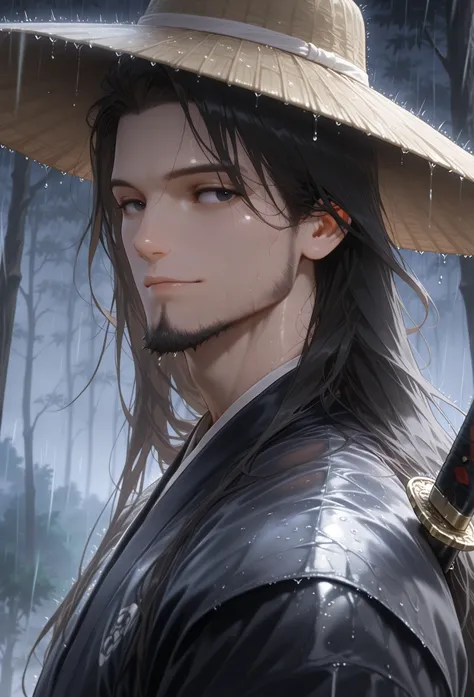 (A wise man, stubbly beard), portrait, (masterpiece, high resolution, 2k resolution, best quality), (1man, solo, perfect anatomy, perfect face), messy long hair, Japanese clothing, black clothing, samurai, samurai straw hat, plain tree, sheath, shadow, dra...