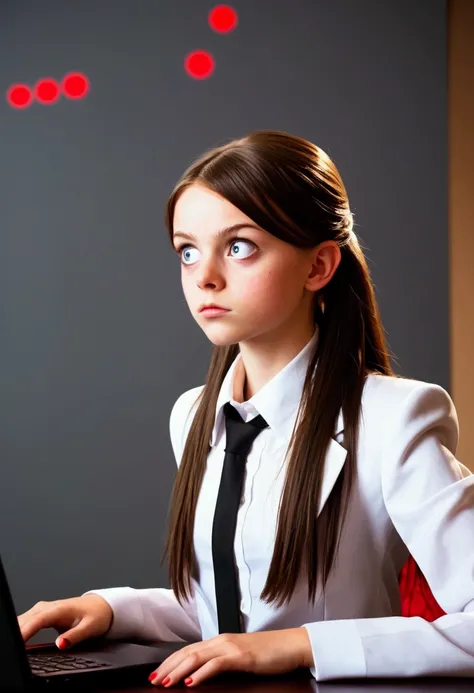 A cat eared girl (age 14, professional bearing, business suit, business hairdo, oversized eyes, struggling to remain calm), she is at a business meeting trying to give a presentation but someone is shining a red dot on the wall.
