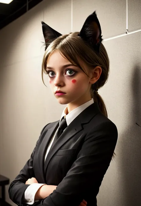 A cat eared girl (age 14, professional bearing, business suit, business hairdo, oversized eyes, struggling to remain calm), she is at a business meeting trying to give a presentation but someone is shining a red dot on the wall.
