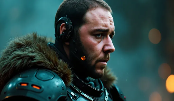 A close-up cinematic shot of a battle-worn futuristic cyborg commander, blending human features with advanced robotics. His face shows a mix of determination and sorrow, with subtle mechanical implants visible along his jawline and temple. The commander we...