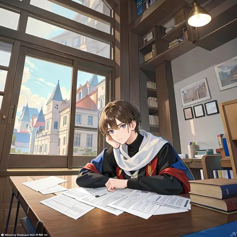 A brown-haired male student majoring in architecture is watching his desk spread out large drawings at a medieval architecture office