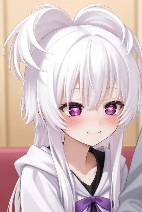 heart in eyes, wolf hairstyle, white hair,  purple eyes,  blush,  smiles, teenager