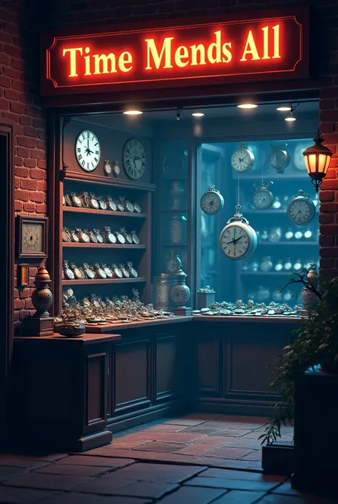 Cartoon cinematic 3D image:A wide shot of the shop, showing the glowing shelf with countless mysterious watches. The camera pans out, revealing the words on the shop’s sign: “Time Mends All”, glowing faintly in the moonlight. The scene fades, leaving viewe...