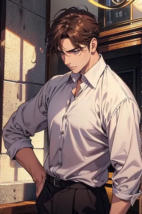 1 mature man of 40 years, Brown hair, Purples, (Perfect eyes), shirt, bad look, closed posture, perfect body