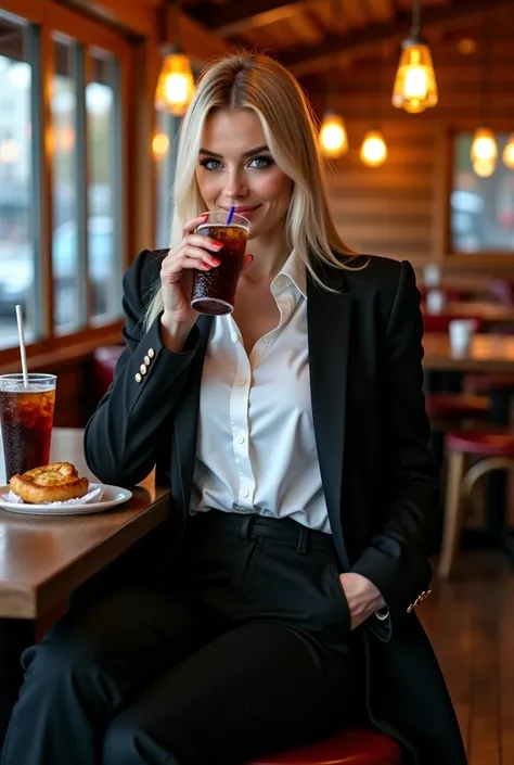 A beautiful busty blonde straight-haired blue eyed woman resembling like a French cinema actress, 21 years old, wearing white shirt, black politician jacket, and black pants, having humongous and enormous tits, highlighting her curves, smiling, feminist, s...