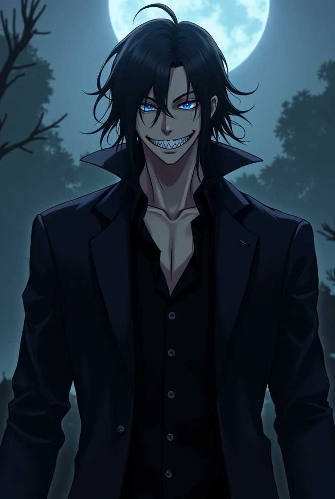 Male character in anime , Grego,  blue eyes, evil smile,  long hair and black clothes 