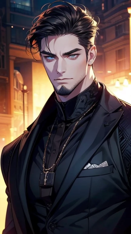 (best quality,4k,8k,highres,masterpiece:1.2),ultra-detailed,(realistic,photorealistic,photo-realistic:1.37),36 year old man,3 day beard,handsome anime,portraits,strong,masculine,dark hair,sharp jawline,mesmerizing eyes,perfectly styled hair,cool anime outf...