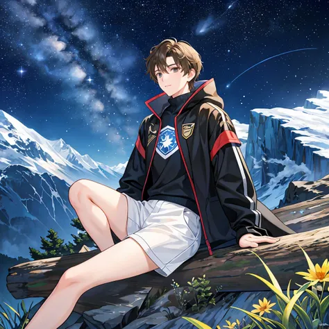 A brown-haired male student majoring in architecture is sitting on top of a mountain in the dark and watching the starry sky