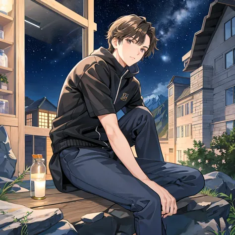 A brown-haired male student majoring in architecture is sitting on top of a mountain in the dark and watching the starry sky