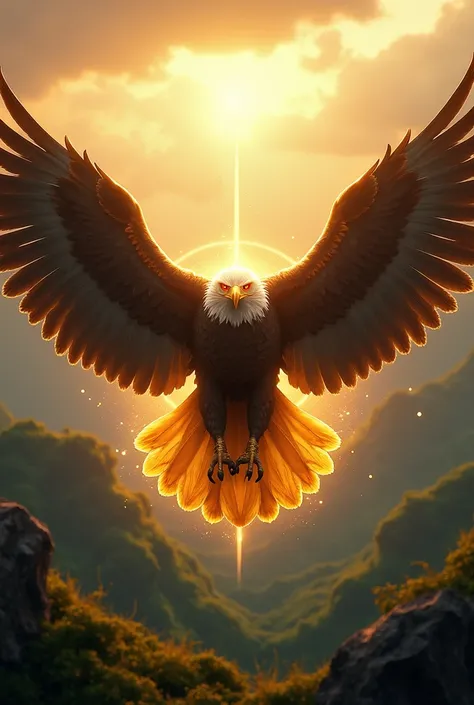 A majestic golden eagle spreads its black wings and flies over the Andes. His eyes glow in an intense light ,  and a golden aura glows around his wings .  The green hills of Táchira .