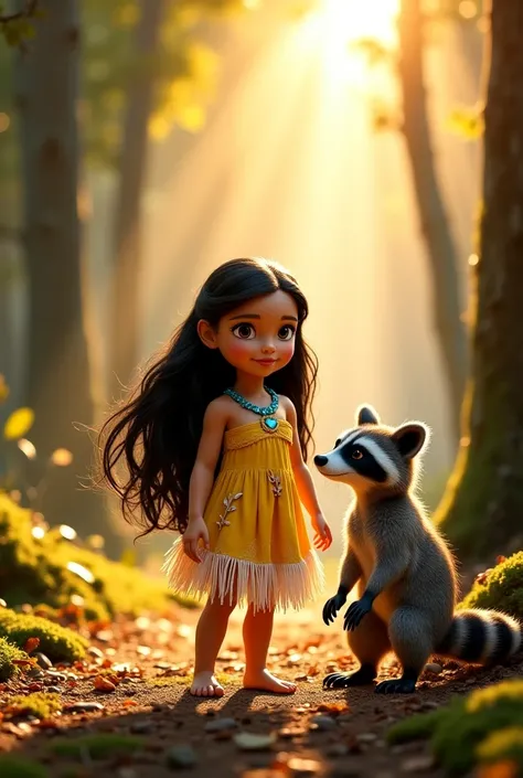 Thème : “Pocahontas et le Raton Laveur”

Prompt :
“A magical and realistic runway set in a lush, sunlit forest. A baby girl, around 12 months old, stands at the center of the stage, her radiant, sun-kissed skin glowing under the soft beams of golden light ...