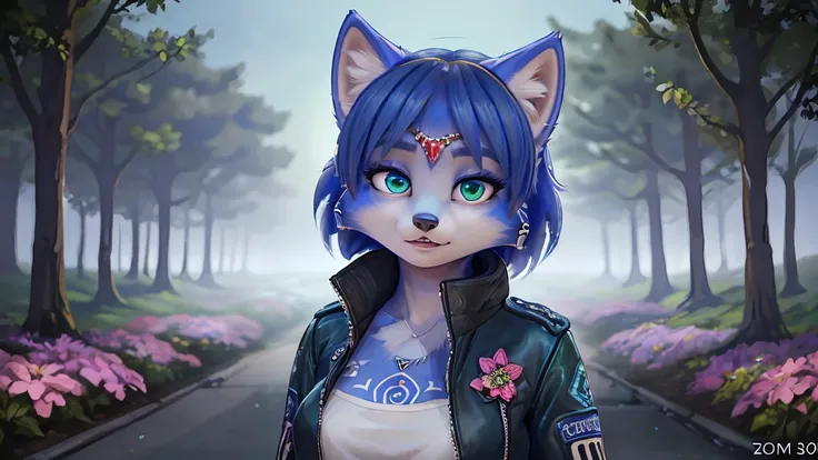 ((krystal)), Star Fox-Krystal, lovable, green eyes, (((   Long blue hair 1   .3))), Decollete, anthro, blurred,  detailed Fluffys fell,   detailed face , (Fluffy), 1  girl, woman, (Tattoos), (Jacket: 1.2), (Jacket no corpo nu, Correia, short shirt)). ((Zom...