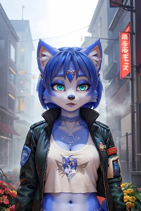 ((krystal)), Star Fox-Krystal, lovable, green eyes, (((   Long blue hair 1   .3))),  anthro, blurred,  detailed Fluffys fell,   detailed face , (Fluffy), 1  girl, woman, (Tattoos), (Jacket: 1.2), (Jacket no corpo nu, Correia, short shirt)). ((Zombies, skul...