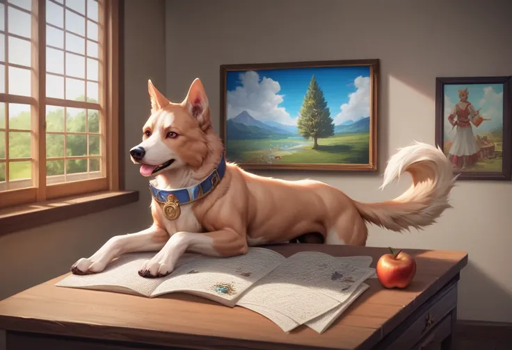 rhere is a puzzle piece with a picture of two dog and an apple, puzzle,  realistic style , puzzle art, two dog, a jigsaw puzzle,  on wooden table , Realistic painting,  high quality portrait , ultra Realistic painting, on a wooden desk, Tree Prints , hyper...