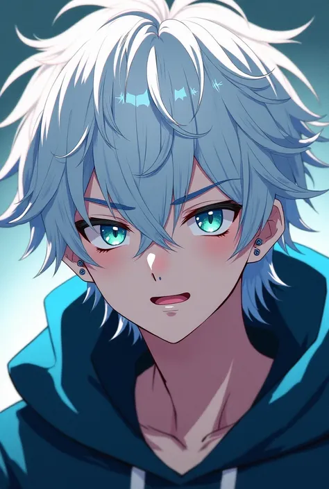  Boy long hair cut in layers and messy
White hair with light blue highlights
Intimidating and Heterochromic Eyes (light blue and light green ) 
Anime
Lip and ear piercing