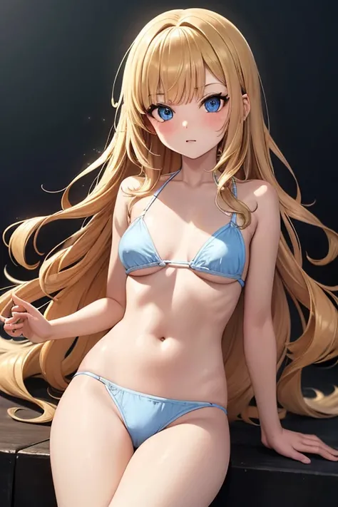 Eleven year old  ,   long wavy blond hair ,   twinkling blue eyes ,  slender body ,    white skin   ,   dark blue bikini   ,   upper half of her body   ,   in front of the spectator ,   looking forward   ,   looking at the viewer 