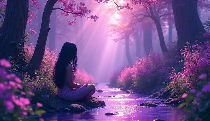  style forest design with a stream with vibrant colors with greater emphasis on the color violet,And a woman with black power hair sitting on her back near the stream in the Lofi 