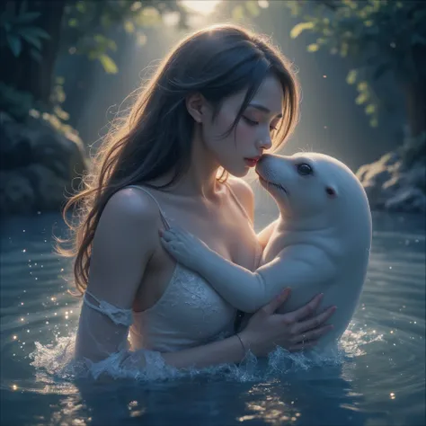 ((line-art Anime, manga aesthetic, highly detailed, vibrant colors, dynamic lighting, soft shading, 8k resolution, masterpiece))、A woman emerging from water, with a seal climbing up beside her to embrace her, symbolizing harmony and connection. The woman h...