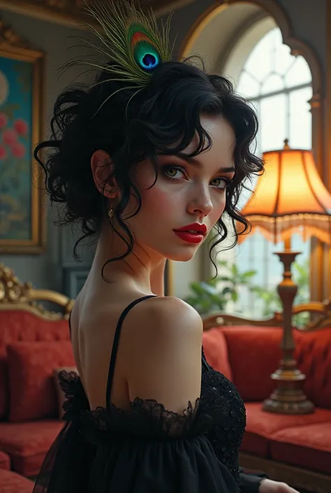 Brunette, vampire girl with short hair with spicy curls covered with peacock feathers, art station, sly look of shining eyes, menacing smile, makeup, dangerous languid look, against the background of a rich living room, coquetry, best quality, side light o...